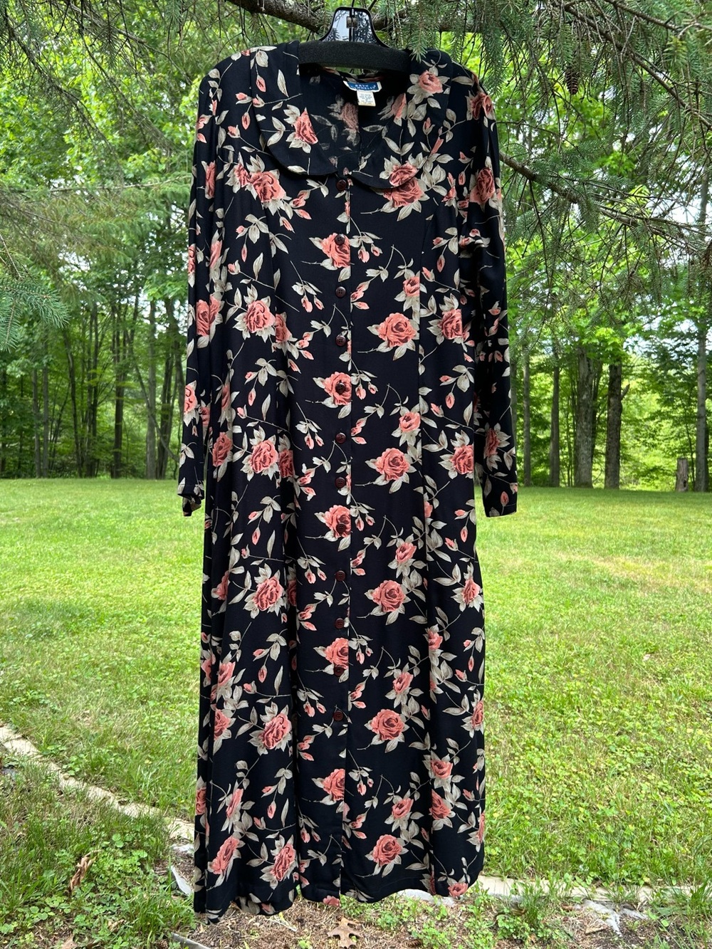 Black Floral Long Sleeve Maxi Dress with Pink Rose Print, Size M